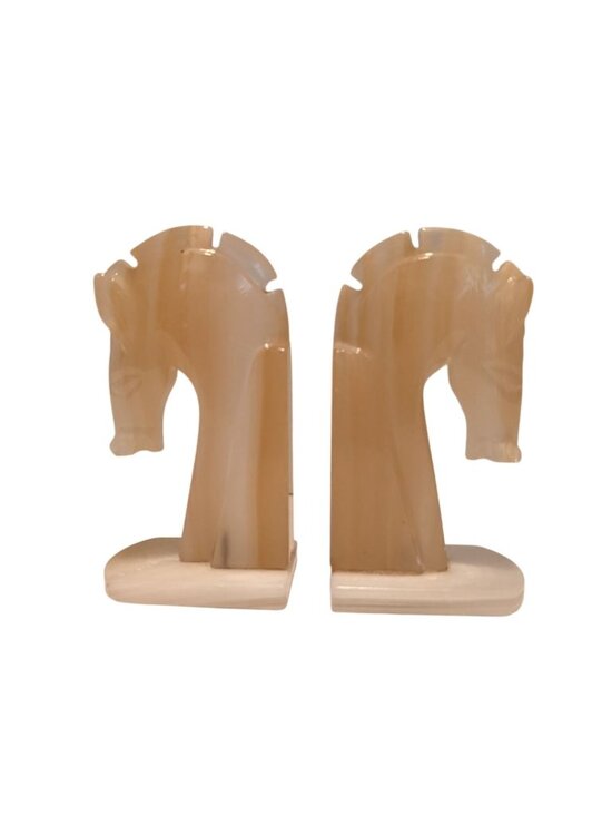Hand-Carved Other - Vintage Hand-Carved Onyx Horse Head Bookends Neutral Tones Art Deco MCM library